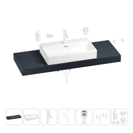 Раковина 70 см со столешницей 140 см Wellsee Graceful Pro 201012770 в наборе 10 в 1: столешница, раковина, смеситель, сифон, донный клапан, угловые вентили, аксессуары (цвет матовый белый)