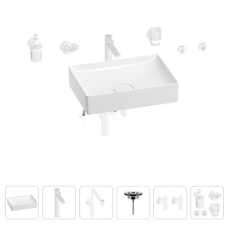 Раковина для ванной Wellsee Pure BY Wellsee 201006440 в наборе 9 в 1: раковина белого глянцевого цвета, высокий смеситель, сифон, выпуск, угловые вентили, аксессуары (цвет матовый белый)