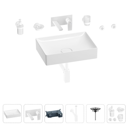 Раковина для ванной Wellsee Pure BY Wellsee 201006385 в наборе 8 в 1: раковина белого глянцевого цвета, встраиваемый смеситель, сифон, выпуск, аксессуары (цвет набора матовый белый)