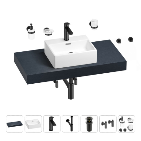 Раковина 43 см со столешницей 100 см Wellsee Graceful Pro 201012222 в наборе 10 в 1: столешница, раковина, смеситель, сифон, донный клапан, угловые вентили, аксессуары (цвет матовый черный)