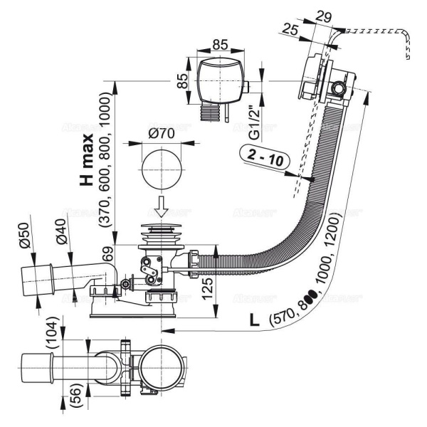 Сифон для гидромассажных ванн Alcaplast с напуском через перелив, металл, A566-273133-57