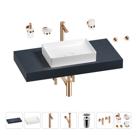 Раковина 50 см со столешницей 100 см Wellsee Pure BY Wellsee 201011214 в наборе 10 в 1: столешница, раковина, высокий смеситель, сифон, выпуск, кран-вентили, аксессуары (цвет розовое золото)