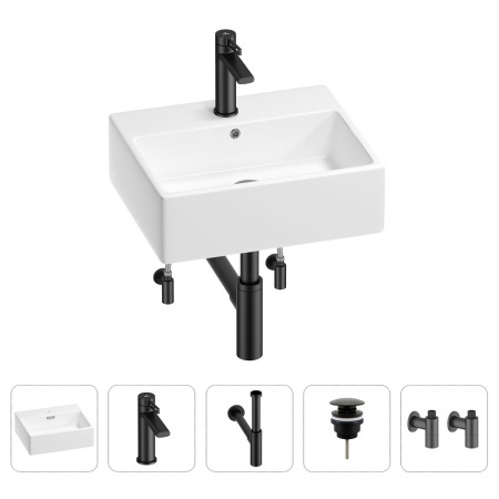 Раковина для ванной Wellsee Graceful Pro 201004612 в наборе 5 в 1: раковина белого глянцевого цвета, смеситель, сифон, донный клапан, угловые вентили (цвет набора матовый черный)