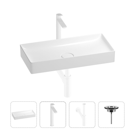Раковина для ванной Wellsee Pure BY Wellsee 201002765 в наборе 4 в 1: раковина белого глянцевого цвета, высокий смеситель, сифон, выпуск (цвет набора матовый белый)