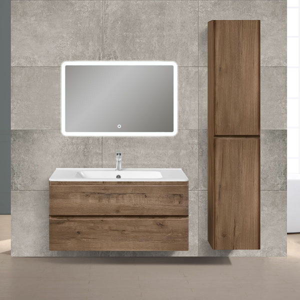 Тумба Vincea Vico 1000 подвесная, 2 выкатных ящика soft close, V.Oak с умывальником VCB-2VP1000W из искусственного камня, цвет белый
