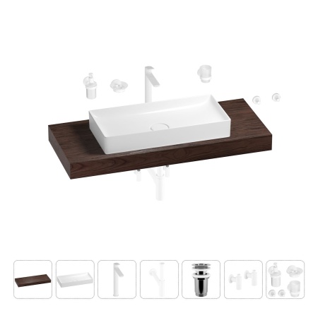 Раковина 75 см со столешницей 120 см Wellsee Pure BY Wellsee 201011735 в наборе 10 в 1: столешница, раковина, высокий смеситель, сифон, выпуск, кран-вентили, аксессуары (цвет матовый белый)