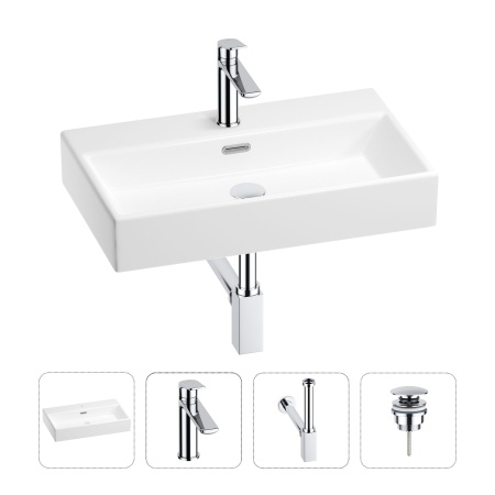 Раковина для ванной Wellsee Graceful Pro 201002961 в наборе 4 в 1: раковина белого глянцевого цвета, смеситель, сифон, донный клапан (цвет набора хром)