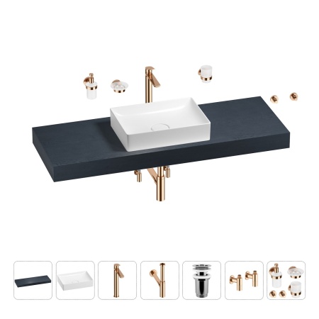 Раковина 50 см со столешницей 140 см Wellsee Pure BY Wellsee 201011454 в наборе 10 в 1: столешница, раковина, высокий смеситель, сифон, выпуск, кран-вентили, аксессуары (цвет розовое золото)
