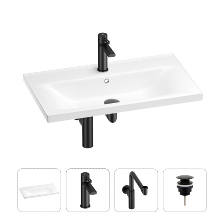 Раковина для ванной Wellsee FreeDom 201003347 в наборе 4 в 1: раковина белого глянцевого цвета, смеситель, сифон, донный клапан (цвет набора матовый черный)