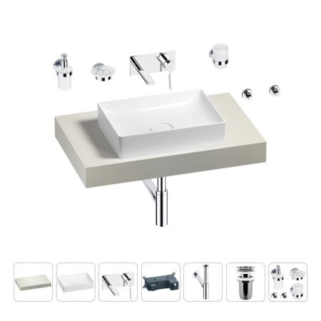 Раковина 50 см со столешницей 80 см Wellsee Pure BY Wellsee 201011086 в наборе 9 в 1: столешница, раковина, встраиваемый смеситель, сифон, выпуск, аксессуары (цвет набора хром)