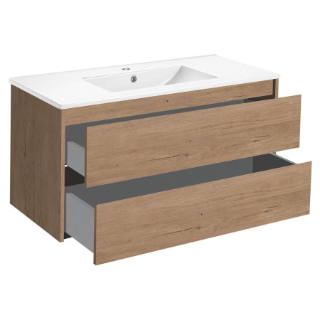 Тумба Vincea Gio 100 подвесная, 2 выкатных ящика soft-close, N.Oak с умывальником VBS-13100 керамическая, цвет белый