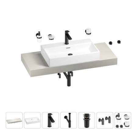 Раковина 70 см со столешницей 120 см Wellsee Graceful Pro 201012692 в наборе 10 в 1: столешница, раковина, смеситель, сифон, донный клапан, угловые вентили, аксессуары (цвет матовый черный)