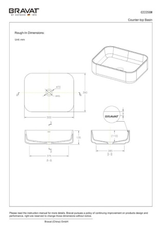 Накладная раковина Bravat Source C22250W-ENG