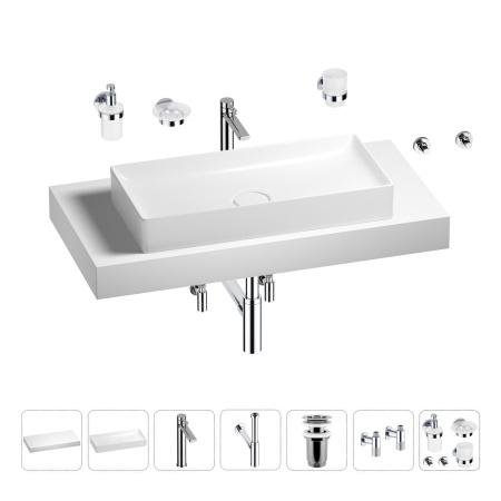 Раковина 75 см со столешницей 100 см Wellsee Pure BY Wellsee 201011636 в наборе 10 в 1: столешница, раковина, высокий смеситель, сифон, выпуск, кран-вентили, аксессуары (цвет хром)