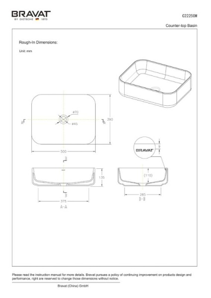 Накладная раковина Bravat Source C22250W-ENG