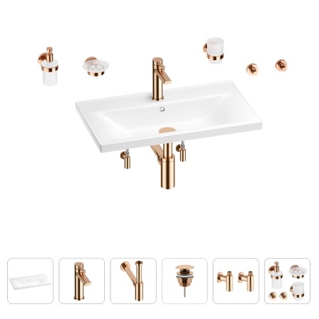 Раковина для ванной Wellsee FreeDom 201007009 в наборе 9 в 1: раковина белого глянцевого цвета, смеситель, сифон, донный клапан, угловые вентили, аксессуары (цвет набора розовое золото)