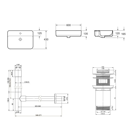 Комплект 3 в 1 Lavinia Boho Bathroom Sink 21520349: накладная фарфоровая раковина 60 см, металлический сифон, донный клапан