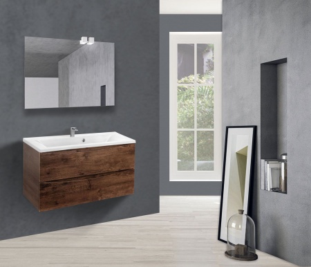 Тумба Vincea Mia 900 подвесная, 2 выкатных ящика soft close, R.Wood с умывальником VCB-3M900W из искусственного камня, цвет белый
