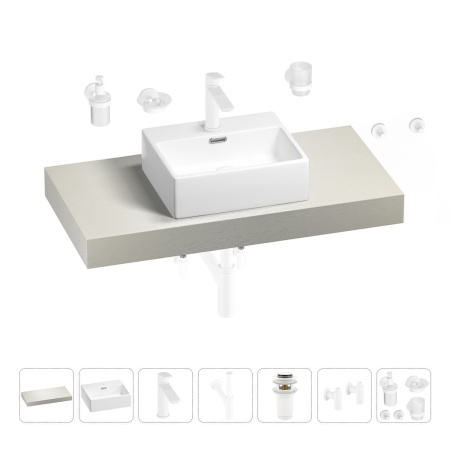 Раковина 43 см со столешницей 100 см Wellsee Graceful Pro 201012215 в наборе 10 в 1: столешница, раковина, смеситель, сифон, донный клапан, угловые вентили, аксессуары (цвет матовый белый)