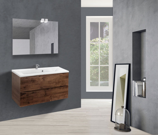 Тумба Vincea Mia 900 подвесная, 2 выкатных ящика soft close, R.Wood с умывальником VCB-3M900W из искусственного камня, цвет белый