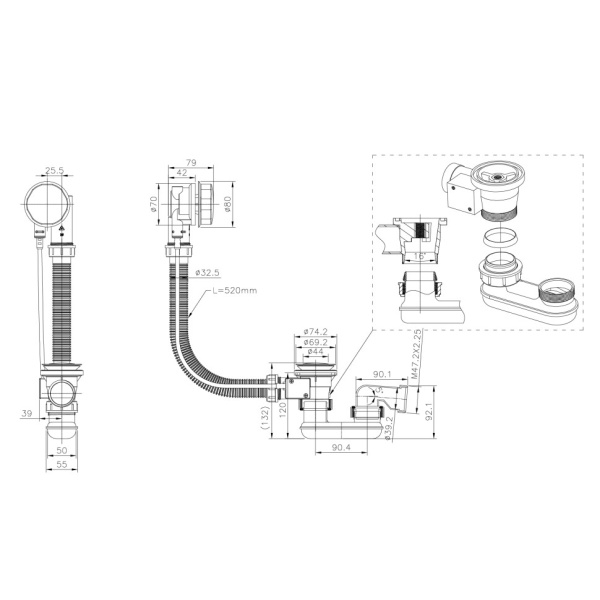 Перелив Triton п/а с сифоном плоский 600мм (металл), CK60PF