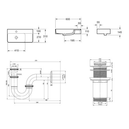 Комплект 3 в 1 Lavinia Boho Bathroom Sink 21520488: накладная фарфоровая раковина 60 см, металлический сифон, донный клапан