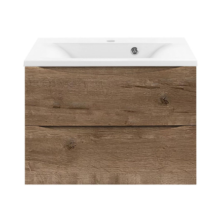 Тумба Vincea Mia 650 подвесная, 2 выкатных ящика soft close, V.Oak с умывальником VCB-3M650W из искусственного камня, цвет белый