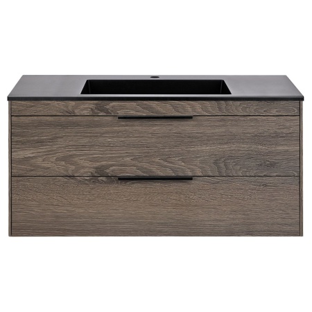 Тумба Vincea Chiara 2D 1000 подвесная, 2 выкатных ящика soft-close, R.Oak с умывальником VCB-13100B из кварца, цвет черный