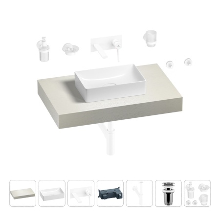 Раковина 42 см со столешницей 80 см Wellsee Pure BY Wellsee 201010725 в наборе 9 в 1: столешница, раковина, встраиваемый смеситель, сифон, выпуск, аксессуары (цвет набора матовый белый)