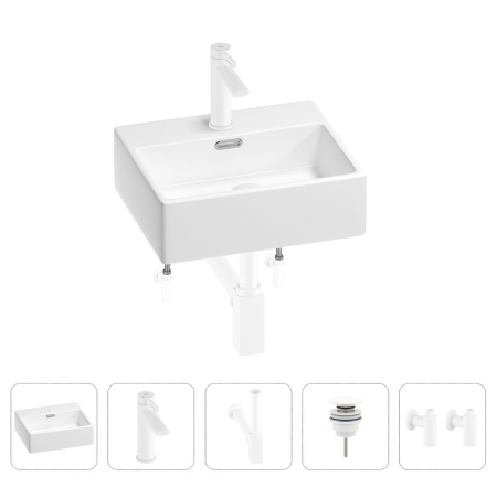 Раковина для ванной Wellsee Graceful Pro 201004545 в наборе 5 в 1: раковина белого глянцевого цвета, смеситель, сифон, донный клапан, угловые вентили (цвет набора матовый белый)