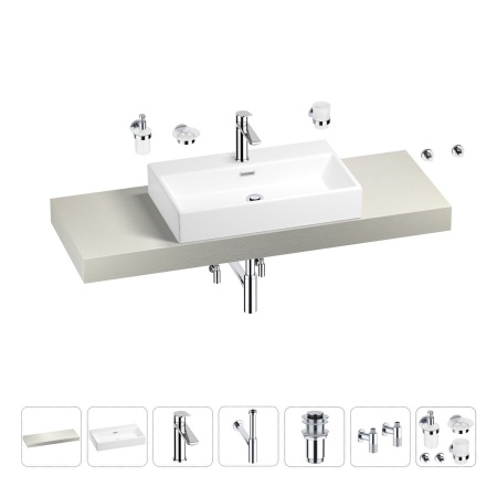 Раковина 70 см со столешницей 140 см Wellsee Graceful Pro 201012751 в наборе 10 в 1: столешница, раковина, смеситель, сифон, донный клапан, угловые вентили, аксессуары (цвет хром)