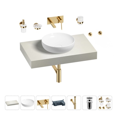 Раковина 42 см со столешницей 80 см Wellsee Chalice Perfection 201010008 в наборе 9 в 1: столешница, раковина, встраиваемый смеситель, сифон, выпуск, аксессуары (цвет набора золото)