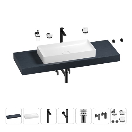 Раковина 75 см со столешницей 140 см Wellsee Pure BY Wellsee 201011812 в наборе 10 в 1: столешница, раковина, высокий смеситель, сифон, выпуск, кран-вентили, аксессуары (цвет матовый черный)