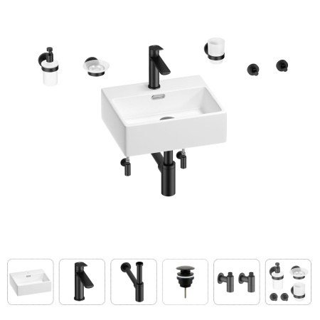Раковина для ванной Wellsee Graceful Pro 201006602 в наборе 9 в 1: раковина белого глянцевого цвета, смеситель, сифон, донный клапан, угловые вентили, аксессуары (цвет набора матовый черный)