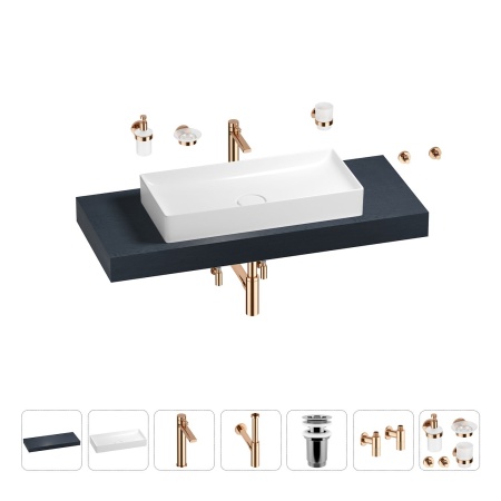 Раковина 75 см со столешницей 120 см Wellsee Pure BY Wellsee 201011699 в наборе 10 в 1: столешница, раковина, высокий смеситель, сифон, выпуск, кран-вентили, аксессуары (цвет розовое золото)
