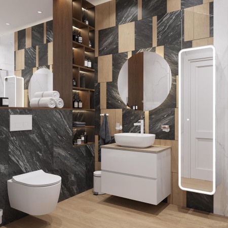 Мебель для ванной комнаты STWORKI Колдинг 80 белая, с раковиной Moduo 50 Square, столешница орех матовый