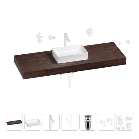 Раковина 42 см со столешницей 140 см Wellsee Pure BY Wellsee 201011030 в наборе 10 в 1: столешница, раковина, высокий смеситель, сифон, выпуск, кран-вентили, аксессуары (цвет матовый белый)