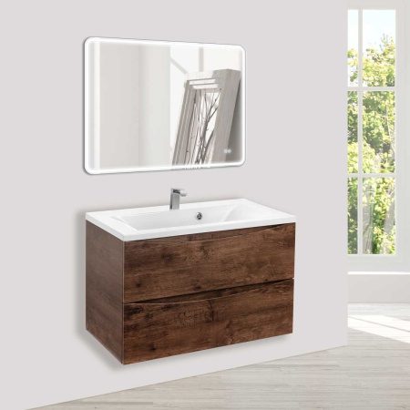Тумба Vincea Mia 800 подвесная, 2 выкатных ящика soft close, R.Wood с умывальником VCB-3M800W из искуственного камня, цвет белый