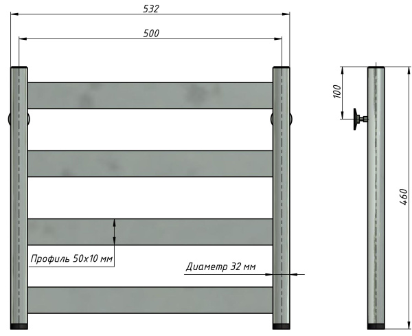 Полотенцесушитель водяной Stinox Napoli 500x500, нижнее подключение, хром, 1" НР (наружная резьба), 4 перекладины