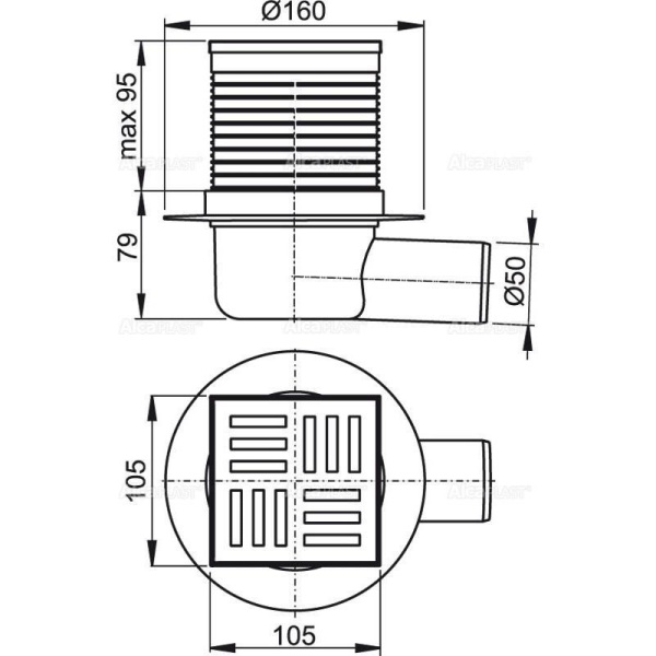 Сливной трап Alcaplast 105х105/50 подводка боковая решетка серая гидрозатвор мокрый APV5111