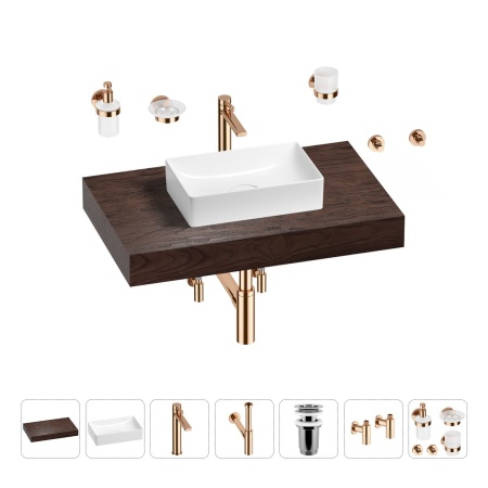Раковина 42 см со столешницей 80 см Wellsee Pure BY Wellsee 201010759 в наборе 10 в 1: столешница, раковина, высокий смеситель, сифон, выпуск, кран-вентили, аксессуары (цвет розовое золото)