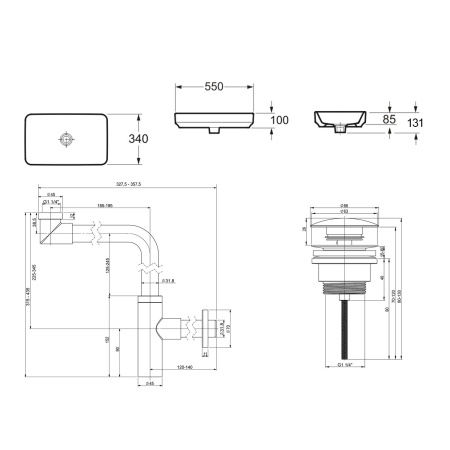 Комплект 3 в 1 Lavinia Boho Bathroom Sink 21520160: накладная фарфоровая раковина 55 см, металлический сифон, донный клапан