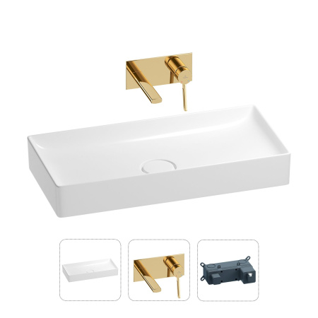 Раковина для ванной Wellsee Pure BY Wellsee 201000753 в наборе 2 в 1: прямоугольная раковина белого глянцевого цвета, встраиваемый смеситель в цвете золото