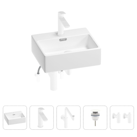 Раковина для ванной Wellsee Graceful Pro 201004570 в наборе 5 в 1: раковина белого глянцевого цвета, смеситель, сифон, донный клапан, угловые вентили (цвет набора матовый белый)