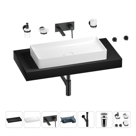 Раковина 75 см со столешницей 100 см Wellsee Pure BY Wellsee 201011667 в наборе 9 в 1: столешница, раковина, встраиваемый смеситель, сифон, выпуск, аксессуары (цвет набора матовый черный)