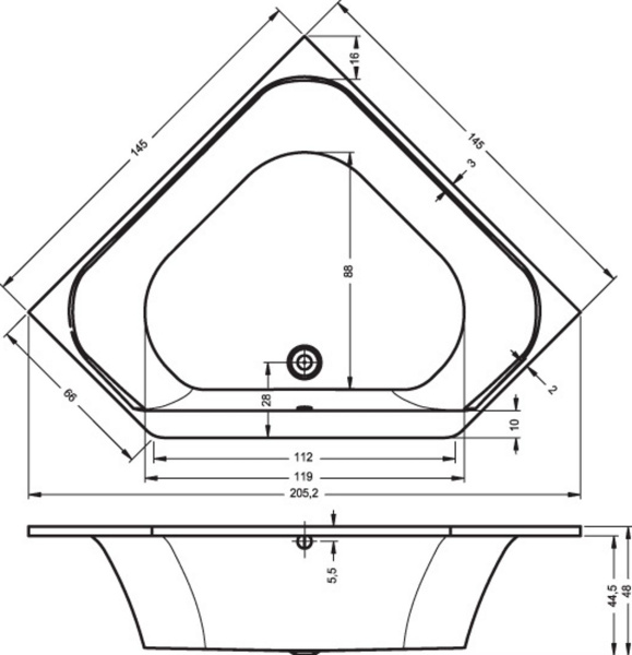 Акриловая ванна с усиленным каркасом и сифоном Riho Austin 145x145 BA1100500000000