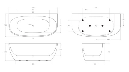 Акриловая ванна без перелива BELBAGNO BB83-1700-W0
