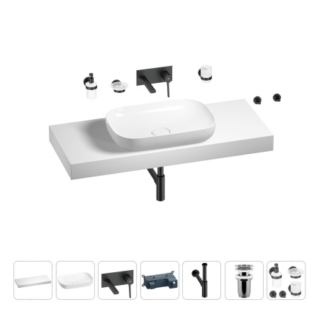 Раковина 60 см со столешницей 120 см Wellsee Croquis 201008227 в наборе 9 в 1: столешница, раковина, встраиваемый смеситель, сифон, выпуск, аксессуары (цвет набора матовый черный)
