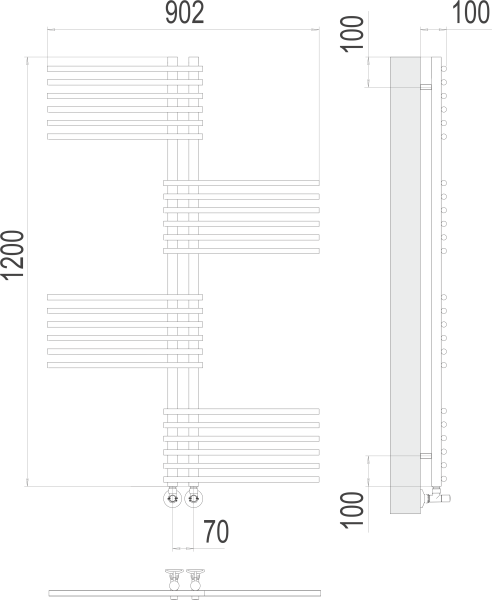 Полотенцесушитель водяной TERMINUS Европа П24 70х1200  в комплекте с вентилями 3/4 на 1/2