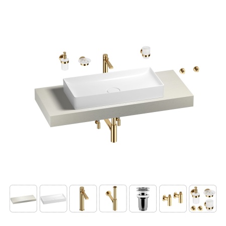 Раковина 75 см со столешницей 120 см Wellsee Pure BY Wellsee 201011678 в наборе 10 в 1: столешница, раковина, высокий смеситель, сифон, выпуск, кран-вентили, аксессуары (цвет золото)
